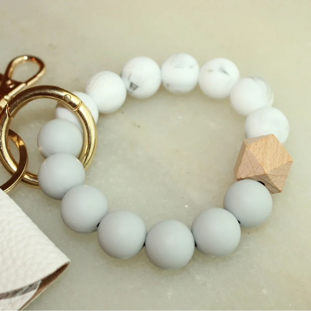 Cardholder Keychain or Bracelet with Butterfly Charm & Tassel White with Gold